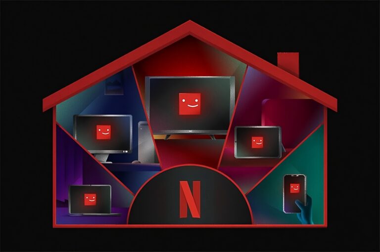 Graficzne przedstawienie domu z konturami w kształcie domku, w którym na różnych urządzeniach elektronicznych (telefon, tablet, laptop, monitor) wyświetlone są buźki, a na środku widoczne jest duże czerwone "N" na czarnym tle.