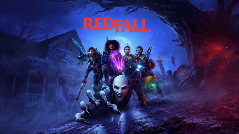 Ilustracja z gry "Redfall" przedstawiająca czwórkę uzbrojonych bohaterów stojących nad pokonanym wampirem na tle upiornego domu i mrocznego nieba.
