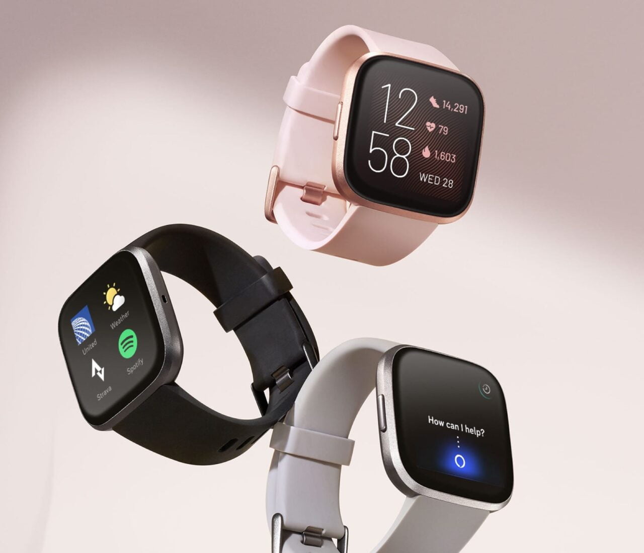 Trzy inteligentne zegarki z różnymi paskami i wyświetlaczami, pokazujące różne funkcje i aplikacje.