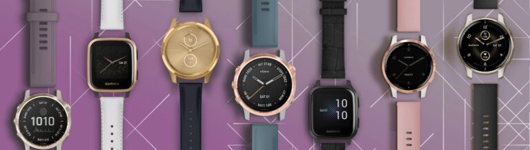 Kolekcja stylowych zegarków sportowych marki Garmin w różnych kolorach i stylach, umieszczonych na geometrycznym, fioletowym tle.
