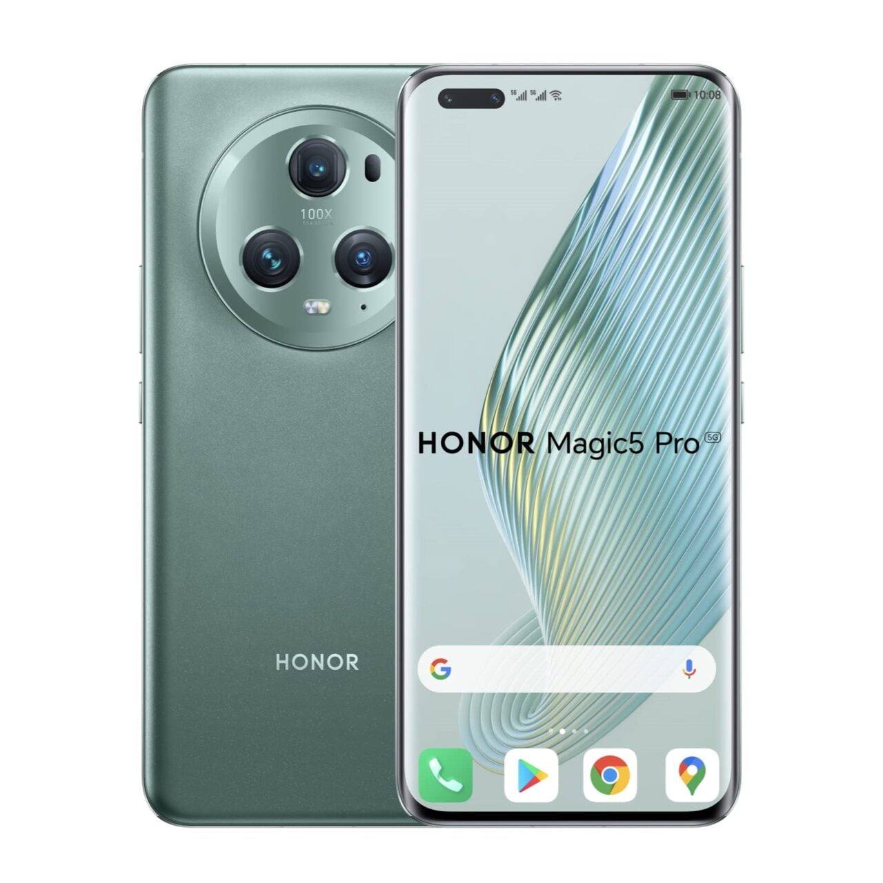 Smartfon Honor Magic5 Pro w kolorze zielonym, widok z przodu i z tyłu, z potrójnym układem aparatów i logotypem Honor na obudowie.