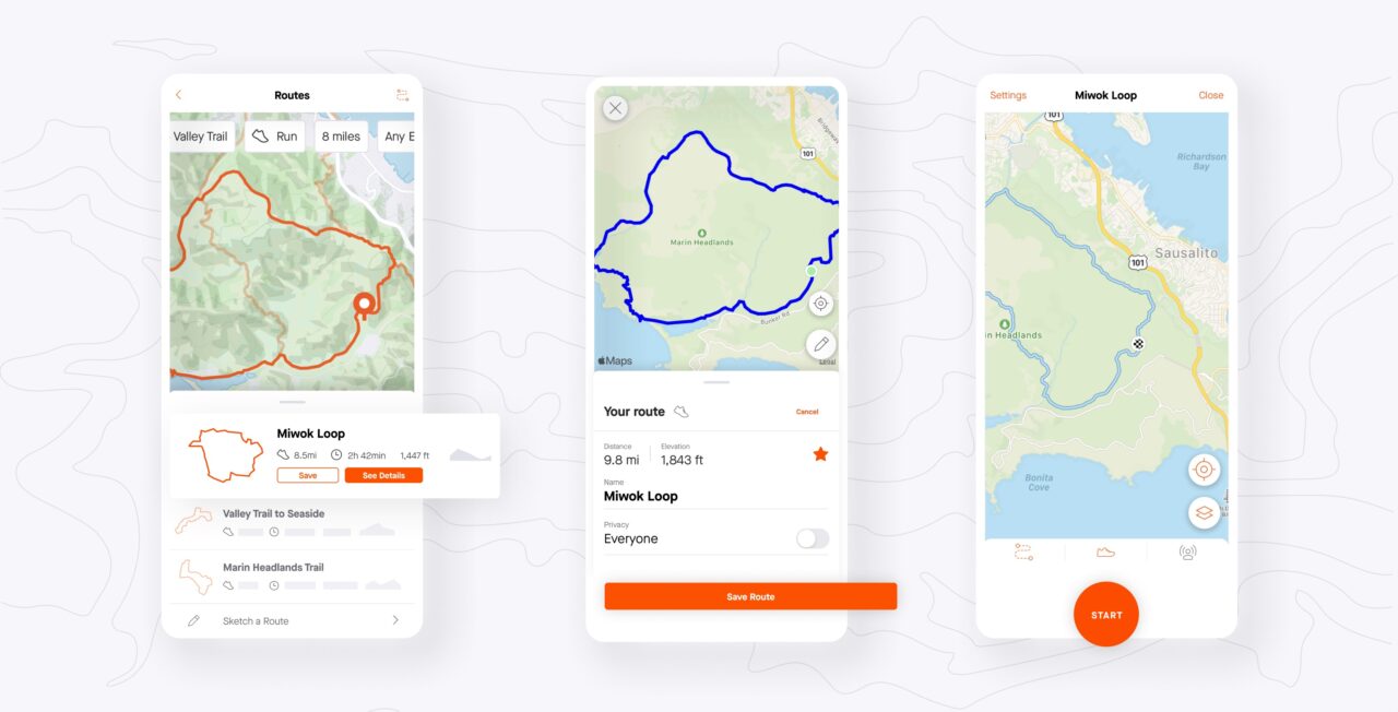 Interfejs aplikacji do planowania tras z trzema ekranami pokazującymi różne szlaki z mapami i szczegółami dotyczącymi dystansu i przewyższenia.