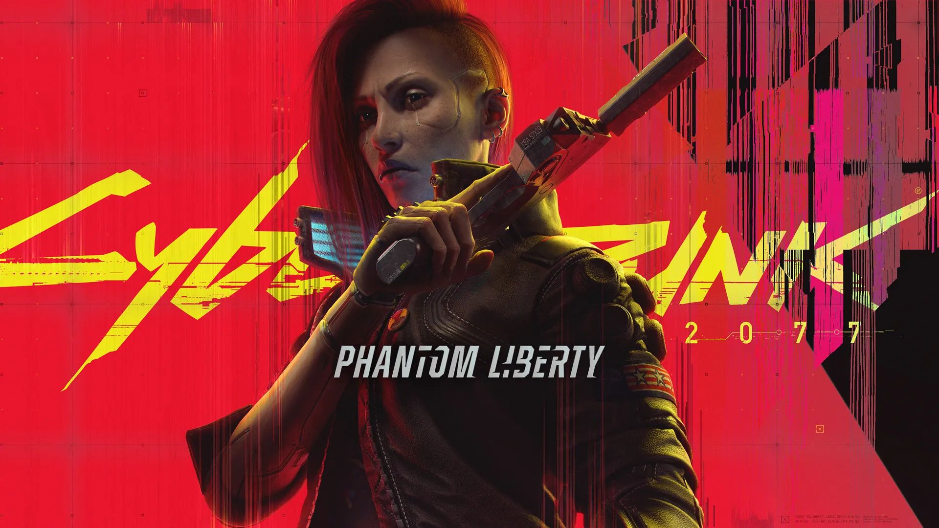 Grafika przedstawia postać kobiecą z gry "Cyberpunk 2077", ubraną w czarną kurtkę i z cyfrowo ulepszonymi protezami rąk, na tle czerwono-żółtego logo gry oraz napisu "PHANTOM LIBERTY 2077" w tonacji czerwono-żółto-czarnej.