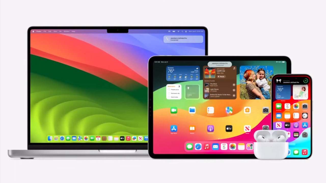 Linha de produtos da Apple com MacBook Pro, iPad e iPhone com telas abertas mostrando a interface do usuário iOS, além de AirPods Pro em primeiro plano.
