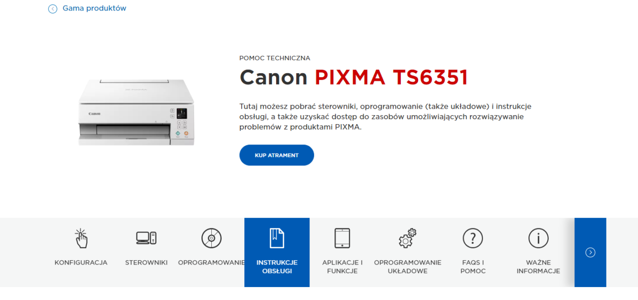 Strona wsparcia technicznego Canona z wyróżnioną drukarką Canon PIXMA TS6351 oraz linkami do sterowników, instrukcji obsługi i pomocy technicznej.