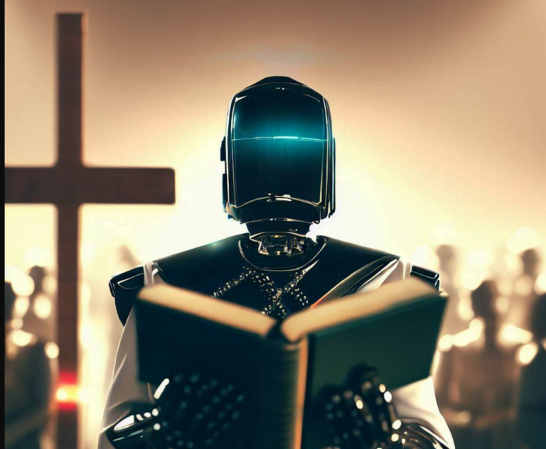 Robot trzymający otwartą książkę z krzyżem w tle.