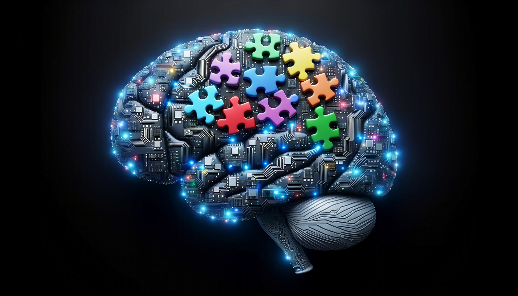 Graficzne przedstawienie mózgu w stylu cyfrowym z elementami układu scalonego oraz kolorowymi elementami puzzli na czarnym tle. Nawiązuje to do urządzenia jakim jest superkomputer działajacy jak ludzki mózg