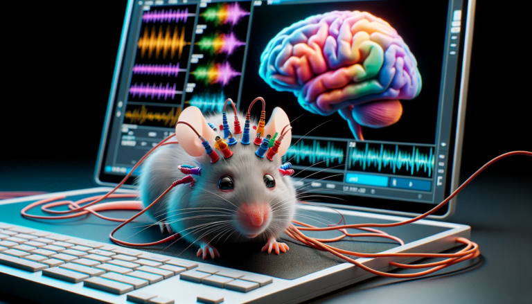 Mysz siedząca na laptopie z podpiętymi kablami do ciała podczas badań, na ekranie widać skan mózgu