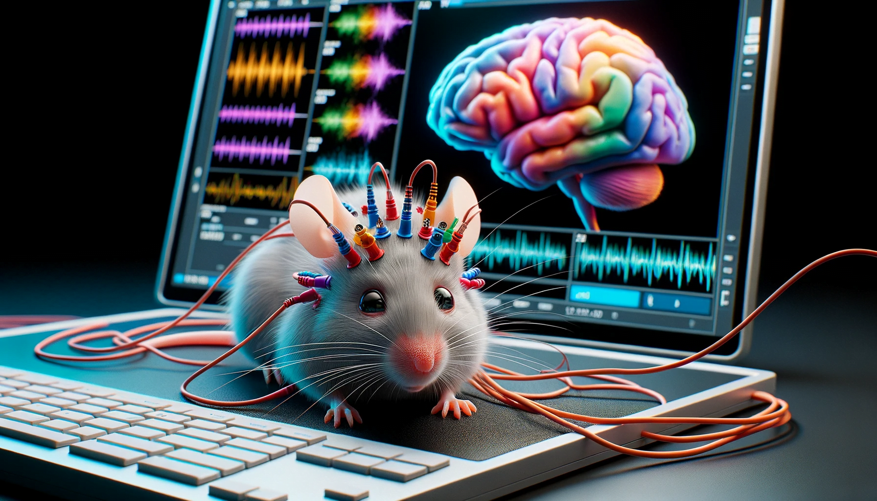Mysz siedząca na laptopie z podpiętymi kablami do ciała podczas badań, na ekranie widać skan mózgu. Potencjał do przeszczepu narządów
