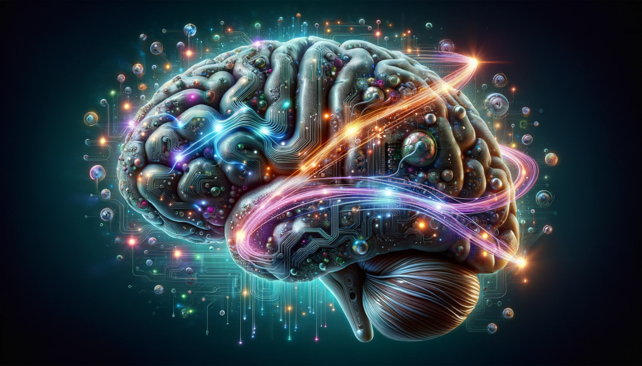 Cyfrowa ilustracja ludzkiego mózgu połączonego z elementami elektronicznymi i świetlnymi obwodami, symbolizująca połączenie biologii z technologią. Superkomputer jak ludzki mózg emuluje podobną budowę