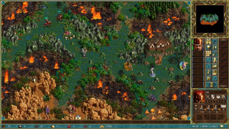 Zrzut ekranu z gry strategicznej Heroes 3 przedstawiający fantastyczną mapę z różnorodnym terenem, zawierającym elementy wodne, roślinność, wulkany i postaci fantastyczne. Widać interfejs użytkownika z mapą, portretami bohaterów i zasobami.