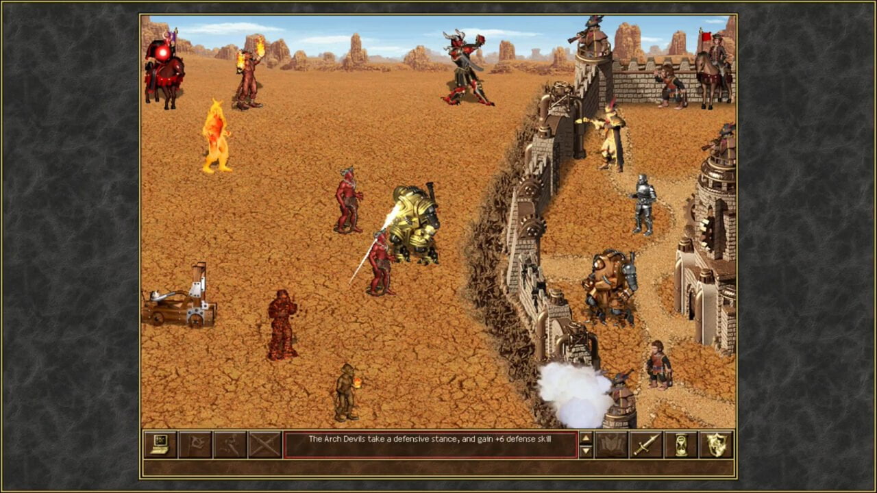 Scena z gry strategicznej Heroes 3 przedstawiająca bitwę na pustyni z różnymi fantastycznymi jednostkami, takimi jak demony i rycerze, oraz obsadą warowni w tle.