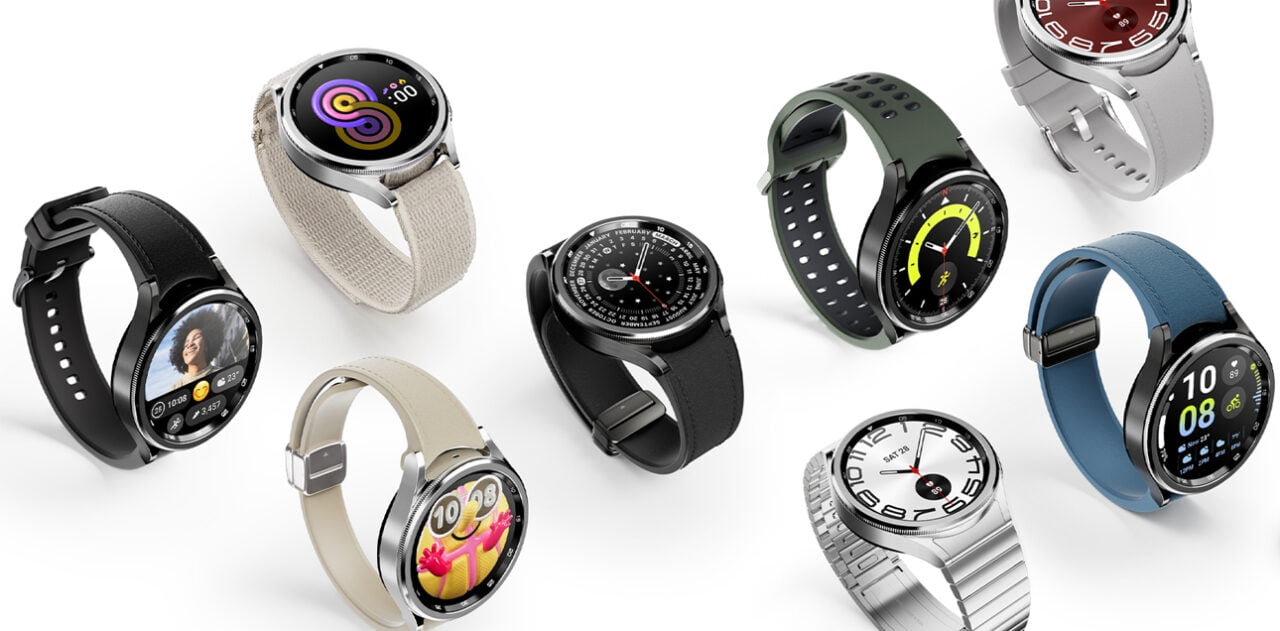 smartwatche samsunga - zbiór różnorodnych inteligentnych zegarków o różnych stylach i kolorach pasków, z różnymi tarczami wyświetlacza.