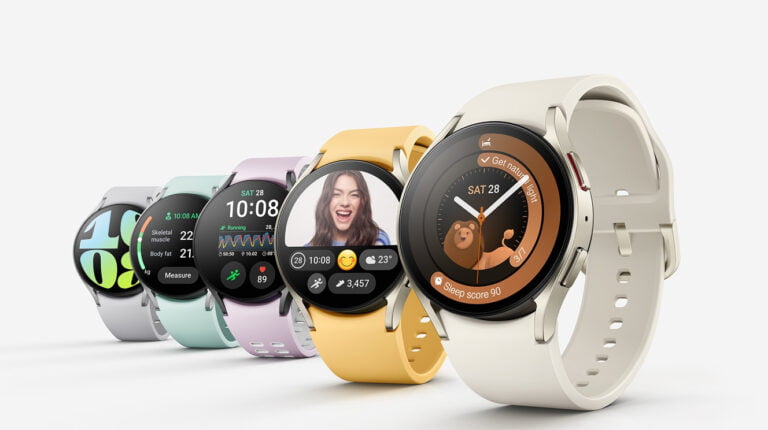 Rząd smartwatchów Samsung Galaxy Watch6 w różnych kolorach wyświetlających różne funkcje, w tym pomiary aktywności fizycznej i analizy zdrowotne.