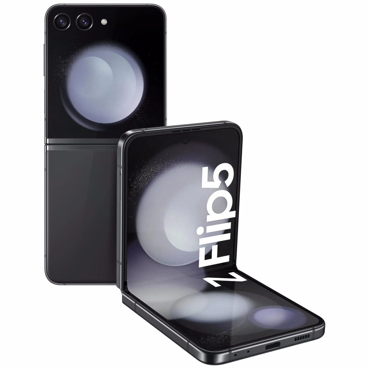 Czarny składany smartfon z podwójnym aparatem, wyświetlacz otwarty w kształcie litery "L".