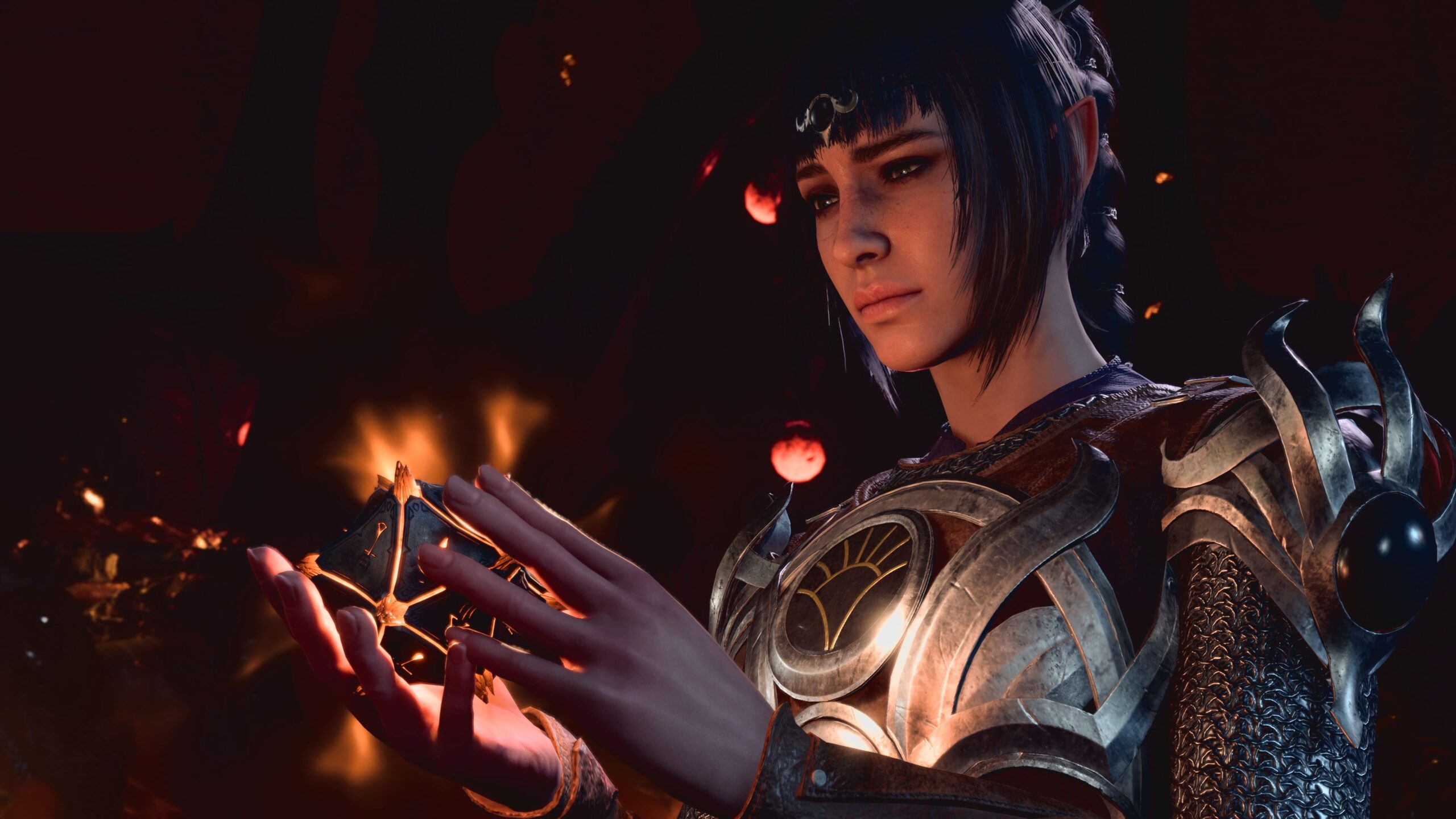 Kobieta w zbroi trzymająca świecący magiczny artefakt w dłoniach, na tle ciemnego, rozmytego otoczenia z iskrami ognia.