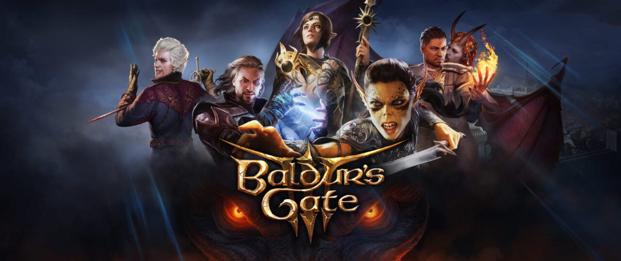 Co dalej z Baldur's Gate 4? Grafika promocyjna gry komputerowej Baldur's Gate, przedstawiająca pięcioro bohaterów w fantastycznych strojach z magicznymi efektami, na tle mrocznego krajobrazu i tytułu gry w złocistej czcionce.