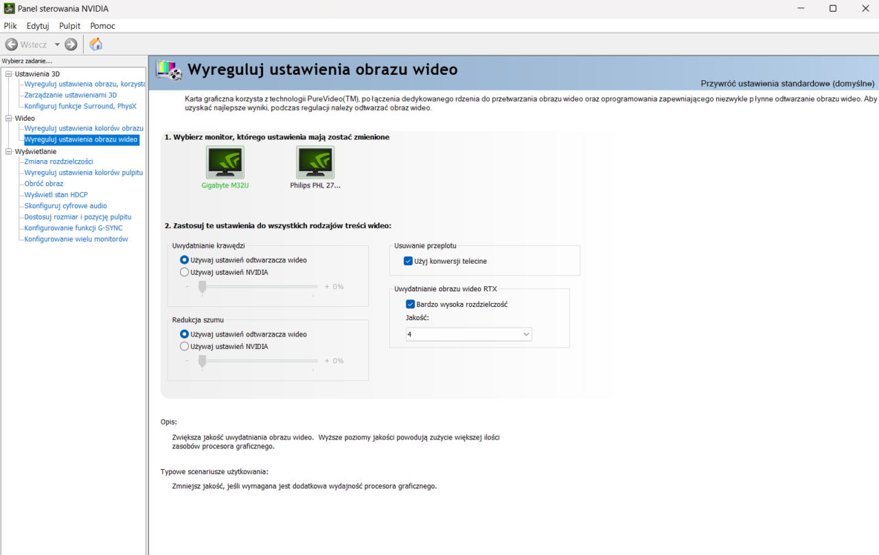 Panel sterowania NVIDIA wyświetlający opcje regulacji ustawień obrazu wideo.