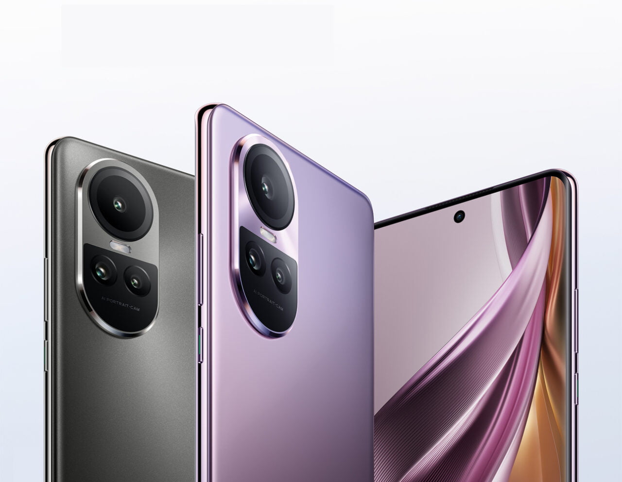 Telefon do 3000 złotych. Jaki smartfon wybrać? Trzy smartfony OPPO Reno10 Pro 5G z tyłu i częściowo otwartym ekranem, ukazujące podwójne aparaty z etykietą "AI Portrait-Cam" i metaliczne wykończenie w kolorach czarnym i fioletowym.