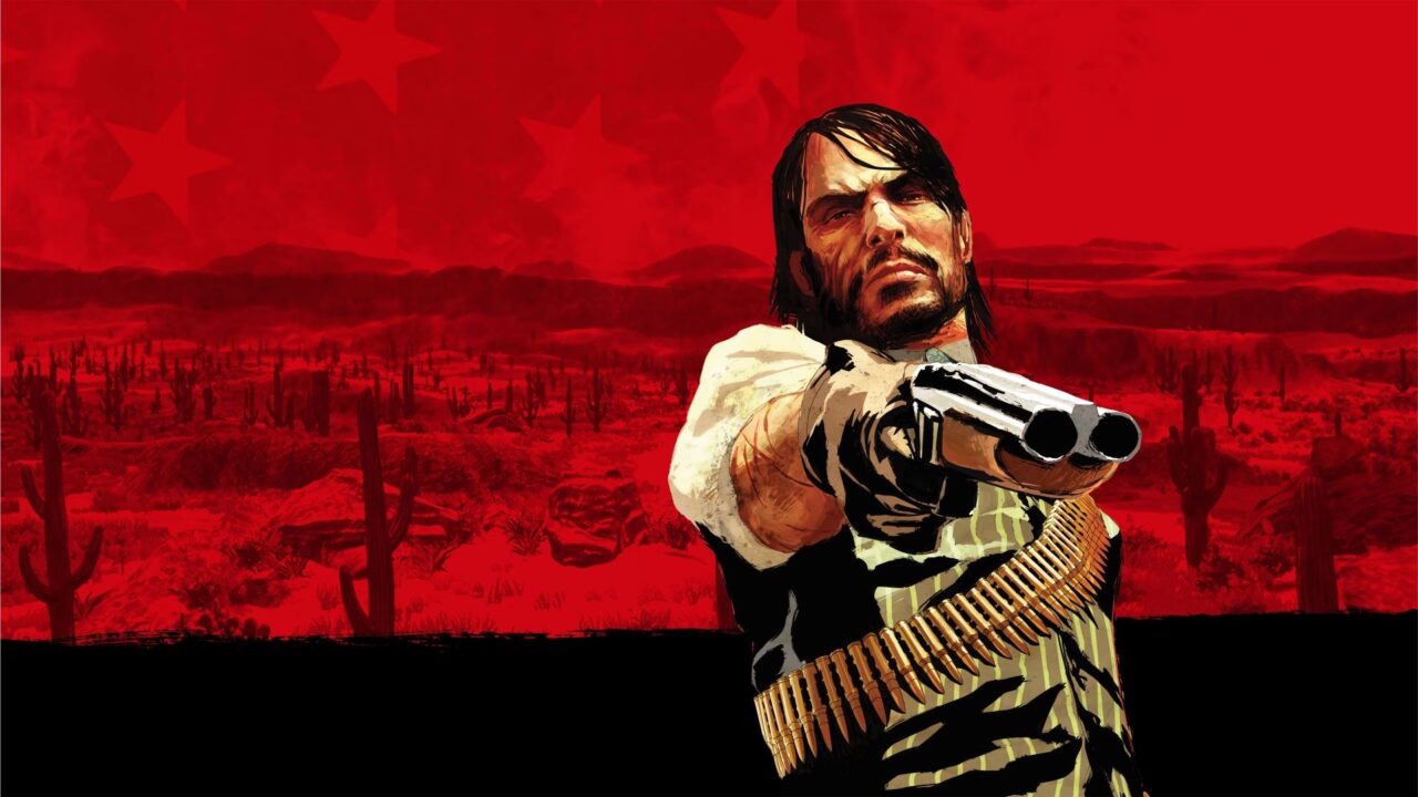 Ilustracja przedstawia postać mężczyzny w stylu komiksowym, trzymającego pistolet skierowany prosto w widza na tle czerwonego krajobrazu z kaktusami oraz gwiazdami w górnej części obrazu. Okładka gry Red Dead Redemption dostępnej w GTA+