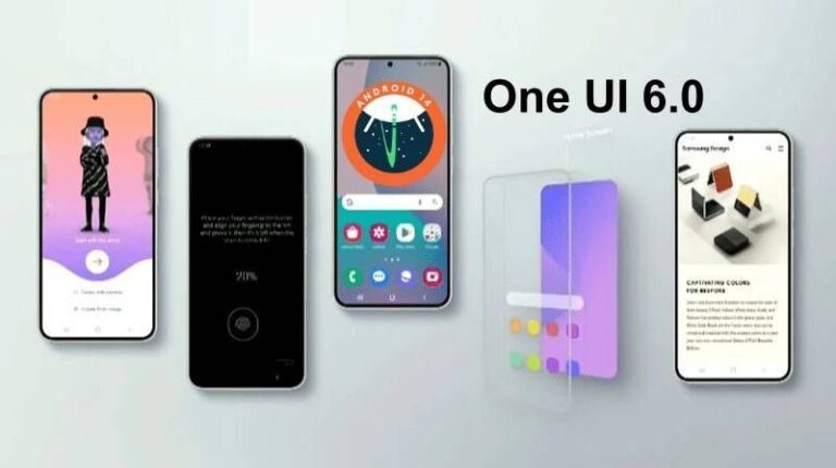 Pięć smartfonów wyświetlających różne interfejsy użytkownika z napisem "One UI 6.0" w górnej części obrazu.