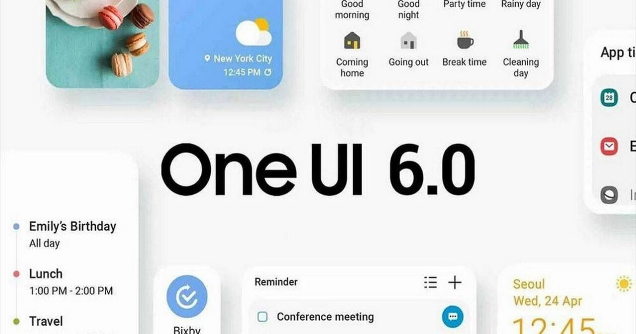 Zrzut ekranu interfejsu użytkownika One UI 6.0, pokazujący różne widgety i funkcje, takie jak pogoda, kalendarz i przypomnienia, na smartfonie.