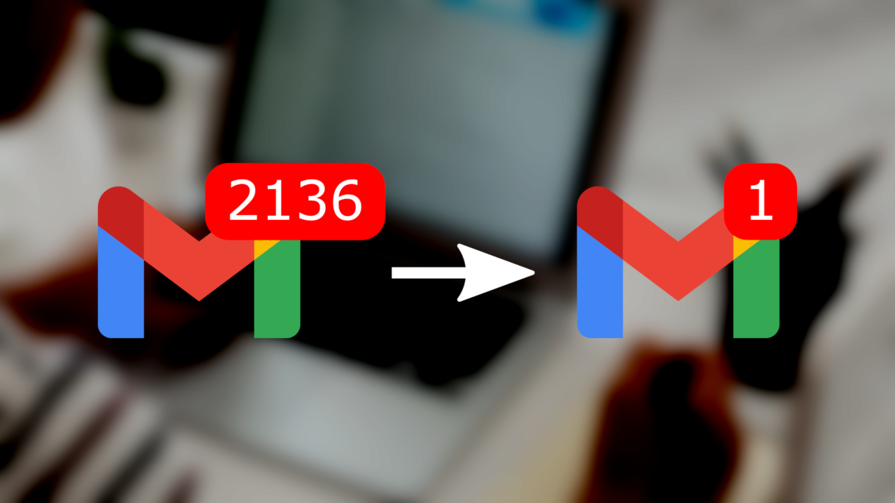Ikona Gmail z liczbą 2136 nad nią, zmieniająca się w ikonę Gmaila z liczbą 1, połączona białą strzałką wskazującą proces. Tło jest rozmyte.