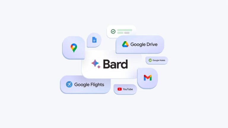 Grafika przedstawiająca logo "Bard" w centrum otoczone ikonami różnych usług Google, takich jak Google Maps, Google Drive, Google Flights, Gmail, Google Hotels i YouTube, na jasnym tle.