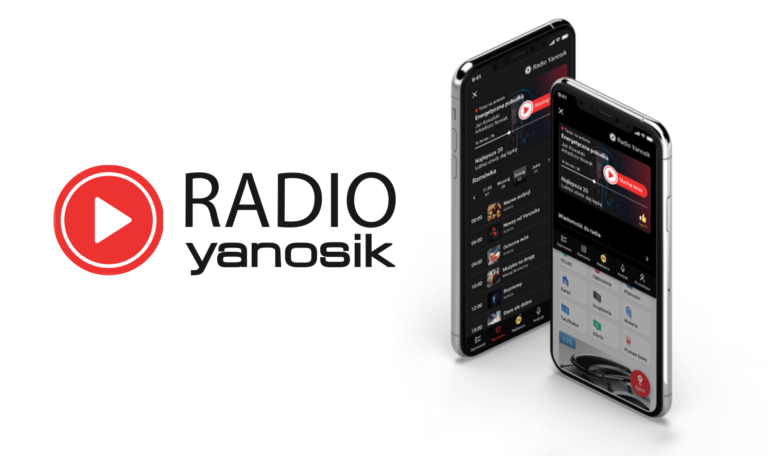 Dwa smartfony z ekranem pokazującym interfejs aplikacji Radio Yanosik z logotypem "RADIO yanosik" w tle.