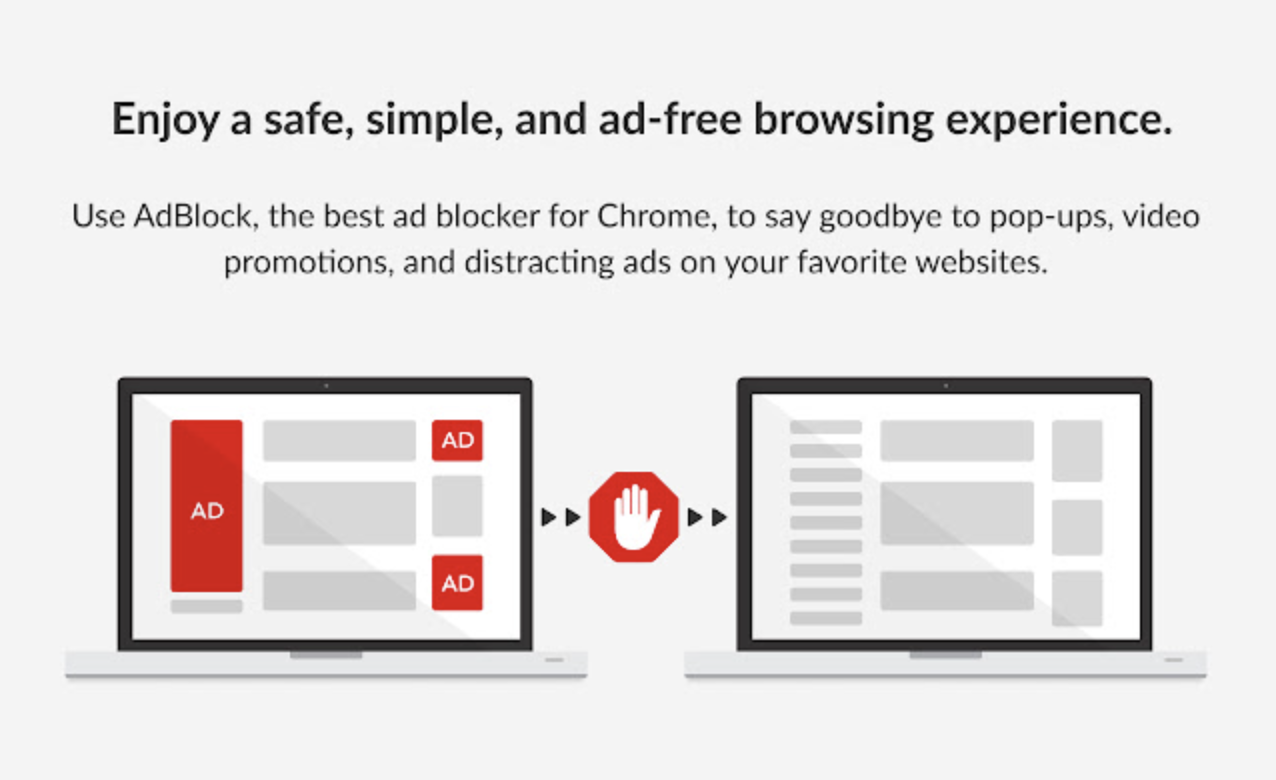 Grafika promocyjna AdBlock przedstawiająca dwa laptopy: po lewej z reklamami i oznaczeniami "AD", po prawej po zablokowaniu reklam z czystym wyświetlaniem strony, między nimi symbol ręki oznaczający blokowanie treści.