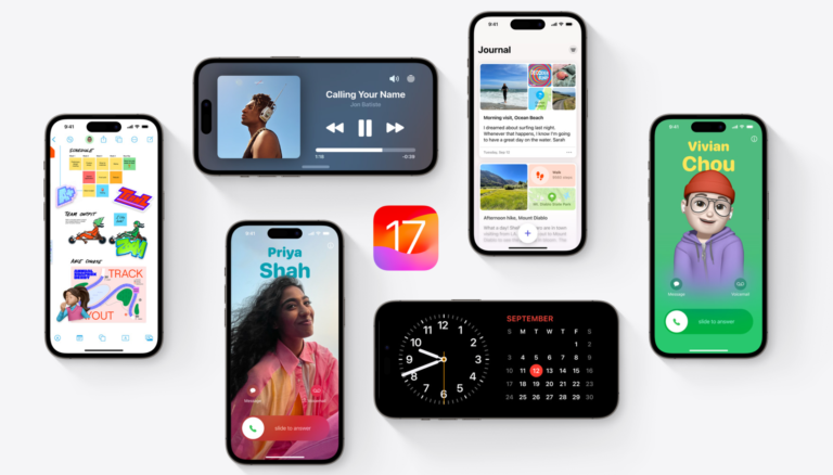 Zrzut ekranu przedstawiający różne smartfony iPhone wyświetlające różnorodne aplikacje i funkcje takie jak edytor zdjęć, odtwarzacz muzyki, dziennik, połączenia, kalendarz i zegar. Na jednym z ekranów widoczny jest też nowy numer wersji systemu operacyjnego.
