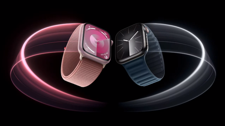 Dwa inteligentne zegarki z paskami w różowym i granatowym kolorze na czarnym tle, z efektem świetlnym w kształcie smugi przypominającej orbitę wokół każdego z zegarków.