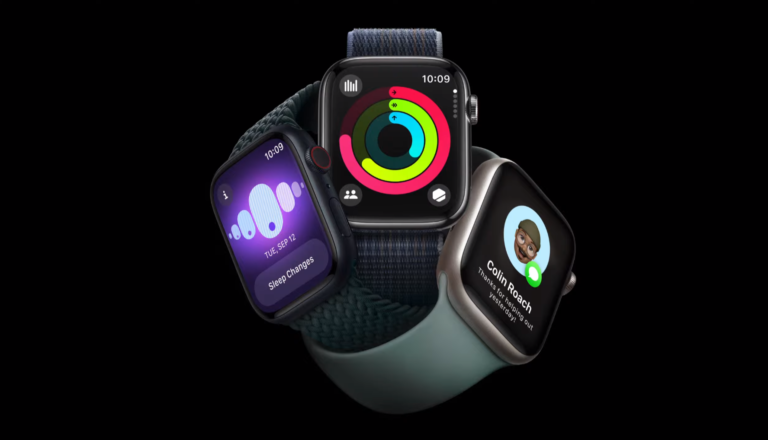 Trzy inteligentne zegarki Apple Watch z różnymi tarczami wyświetlającymi aplikacje zdrowotne i komunikacyjne na czarnym tle.