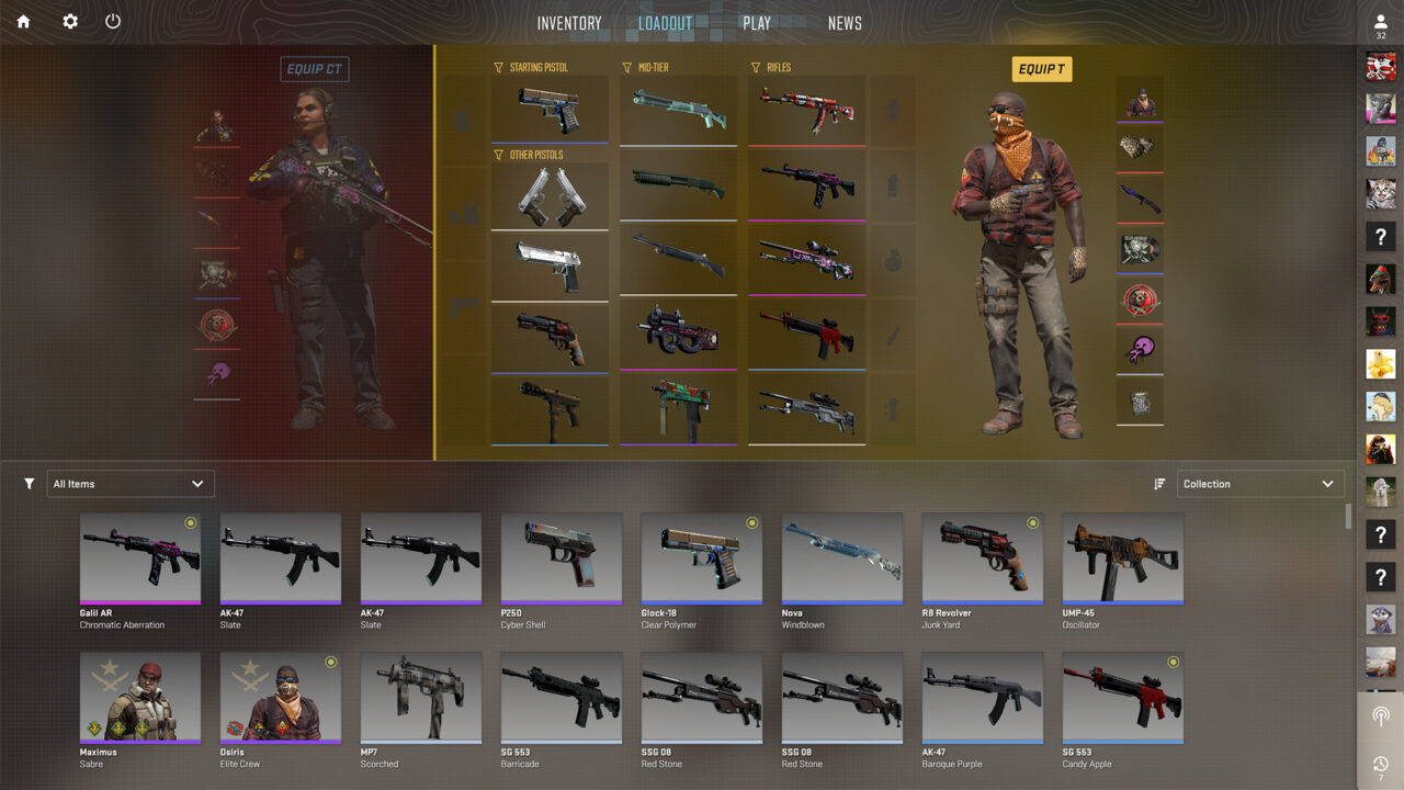 Screen z gry Counter-Strike 2. Interfejs użytkownika gry komputerowej z ekwipunkiem postaci i różnorodnymi rodzajami broni.