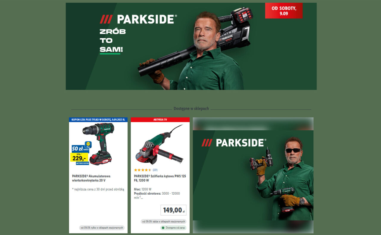 elektronarzędzia Lidl, które reklamuje Arnold Schwarzenegger Fot Lidl screen ze strony