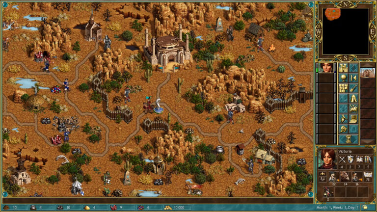 Zrzut ekranu z gry strategii turowej Heroes 3 przedstawiający mapę pustynnego terenu z różnorodnymi strukturami, jednostkami i naturalnymi elementami. W dolnym prawym rogu znajduje się interfejs użytkownika z portretem bohatera, zasobami i atrybutami jednostek.