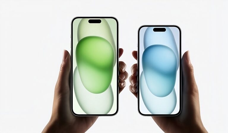 Dwie dłonie trzymające dwa smartfony iPhone 15 Plus z kolorowymi tapetami przed jasnym tłem, na których jest dostępna wyszukiwarka Google