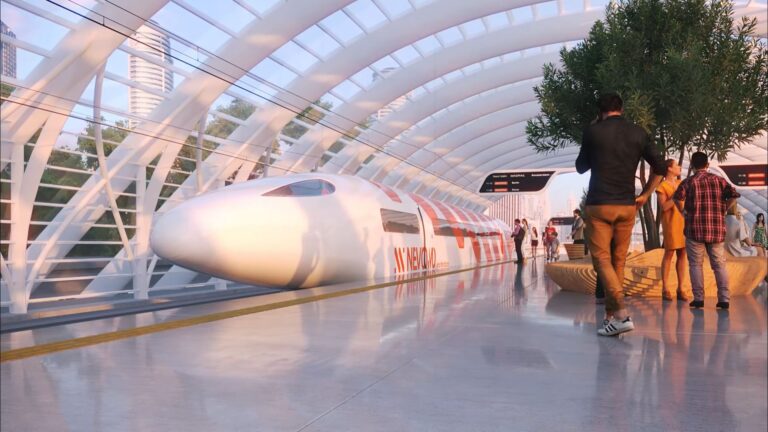 Nowoczesna, futurystyczna stacja z białymi łukowymi konstrukcjami i pociągiem typu hyperloop, ludzie spacerują i rozmawiają czekając na odjazd.