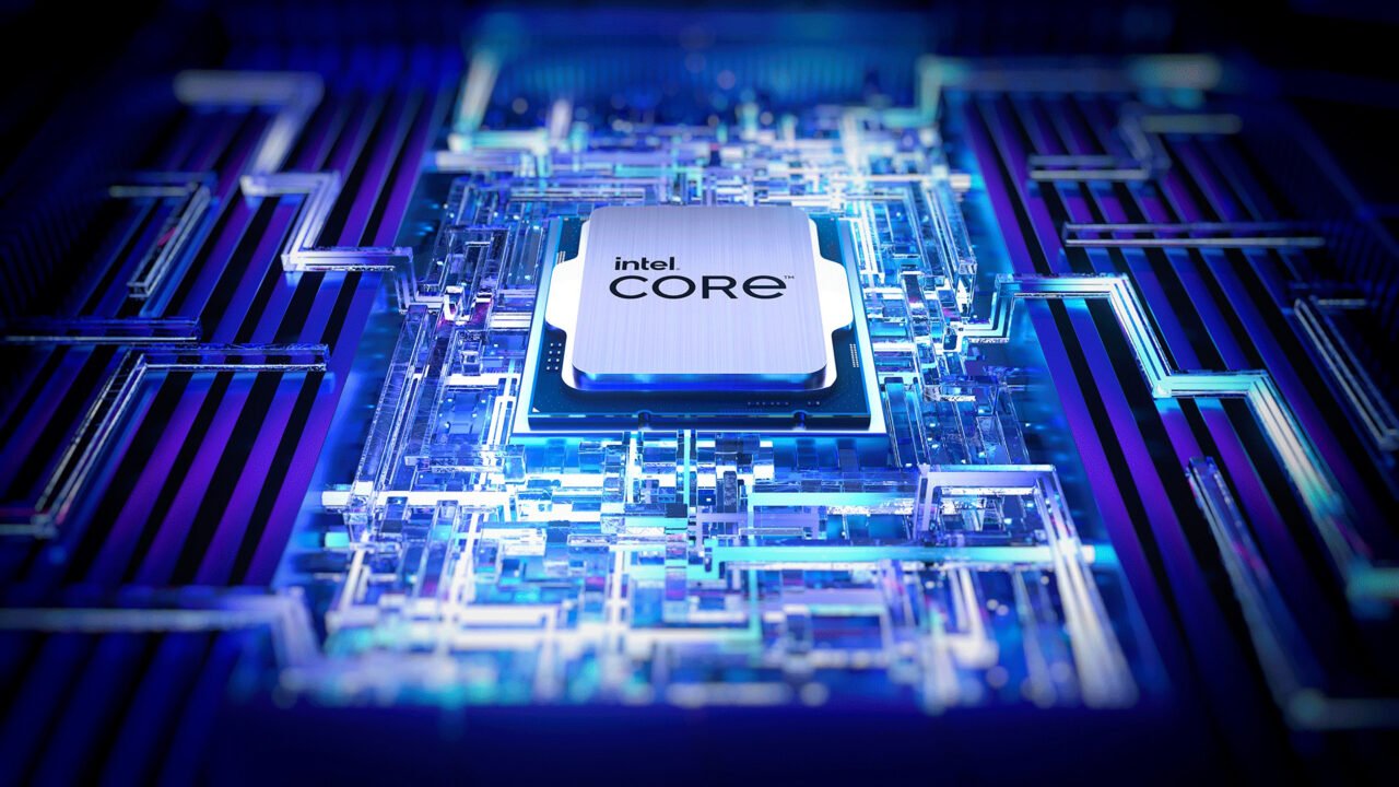 Procesor Intel Core i zintegrowana karta graficzna umieszczony na płycie głównej z podświetleniem LED w kolorach niebieskim i fioletowym, co tworzy futurystyczny efekt wizualny.