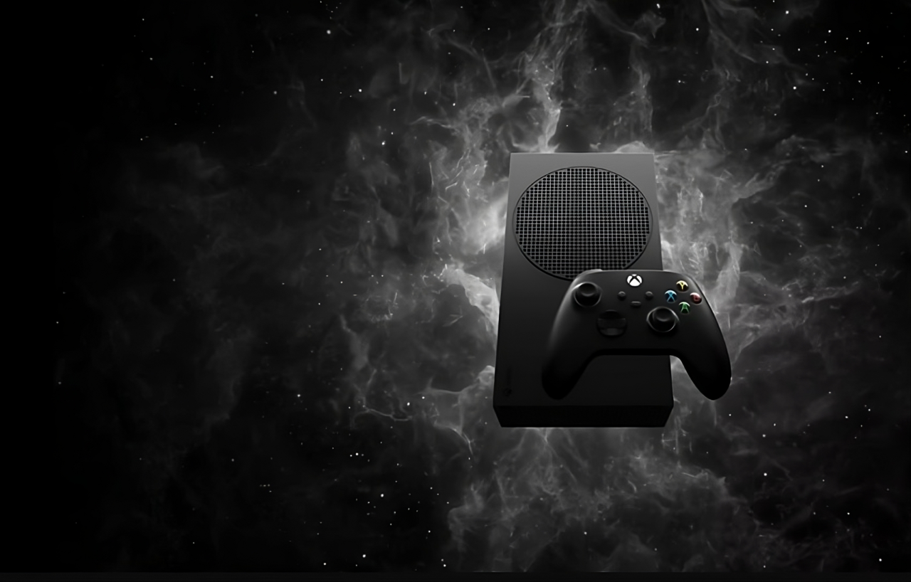Nowa konsola od Microsoftu do gier Xbox Series S i kontroler bezprzewodowy umieszczone na tle przypominającym kosmiczną mgławicę.
