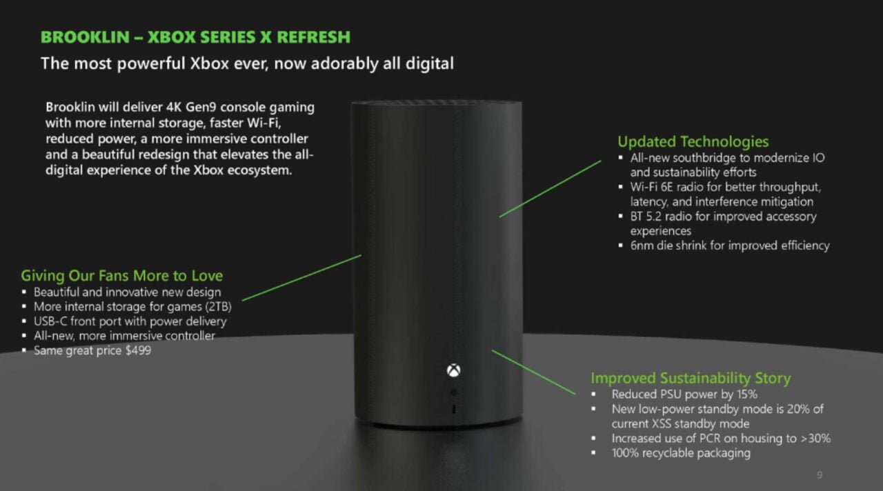 Prezentacja konsoli do gier Xbox Series X z opisem funkcji, w tym większa pamięć wewnętrzna, szybsze Wi-Fi, zaktualizowane technologie i zaangażowanie w zrównoważony rozwój. Na środku czarna konsola Xbox Series X.