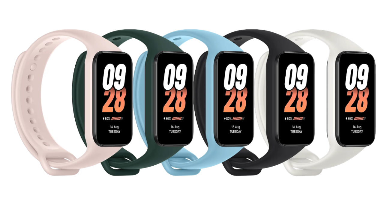 Pięć kolorowych smartbandów z wyświetlanym czasem i datą na ekranach.