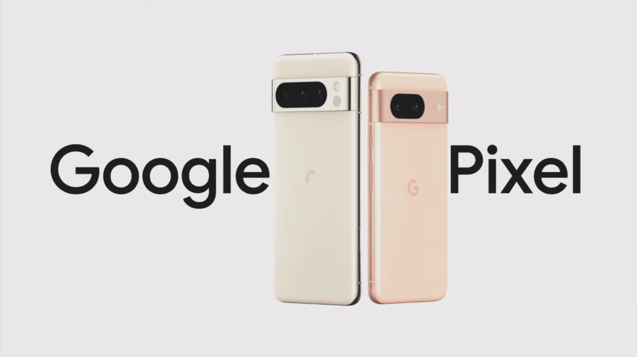 Dwa smartfony Google Pixel w pionowej pozycji, jeden koloru beżowego i drugi różowego, obok logotypu "Google Pixel" na białym tle.