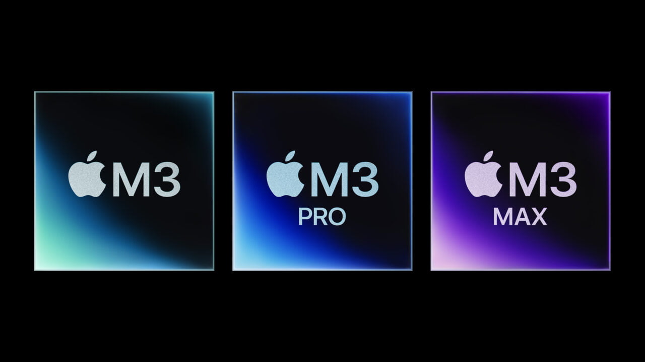 Trzy kwadratowe grafiki obok siebie z gradientowym tłem w różnych odcieniach niebieskiego i logo Apple, każda z napisem "M3", "M3 PRO" i "M3 MAX".