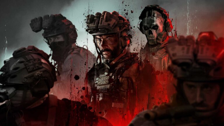 Grafika przedstawiająca pięciu żołnierzy w pełnym wyposażeniu taktycznym z widocznym na pierwszym planie mężczyzną o intensywnym spojrzeniu, a w tle graficzne akcenty koloru czerwonego przypominające rozbryzgi krwi.