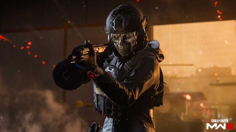 Osoba w militarnej masce przeciwgazowej i hełmie trzyma broń, w tle widoczne iskry i dym, na dole napis "Call of Duty MWII".