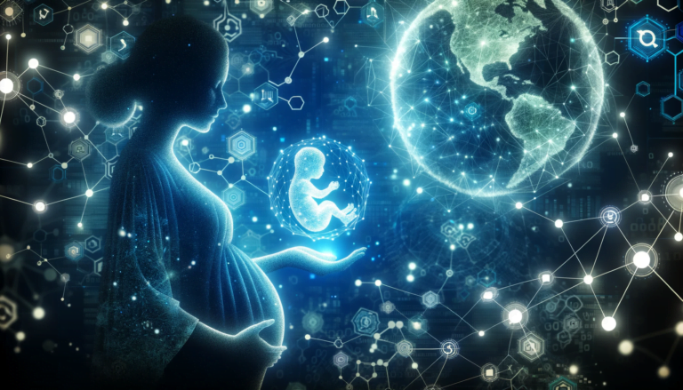 Kobieta w ciąży a cyfrowym awatarem, grafika pokazująca udział nowych technologii