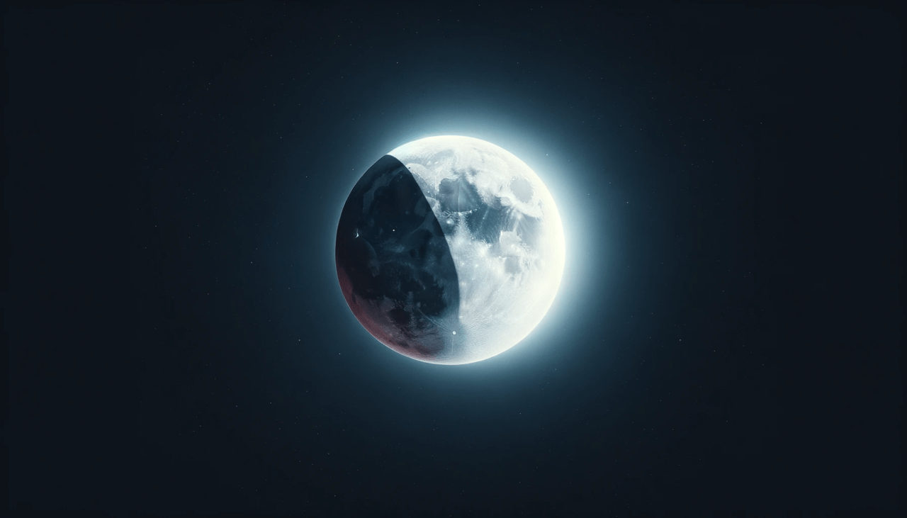 Ilustracja pokazująca częściowo zaciemniony Księżyc na tle ciemnoniebieskiego kosmicznego nieba.Na niego poleci Lunaris