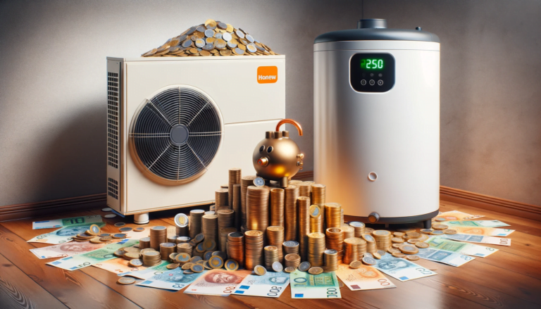 Ilustracja przedstawiająca klimatyzator i bojler otoczone przez monety i banknoty, sugerująca wysokie koszty energii.