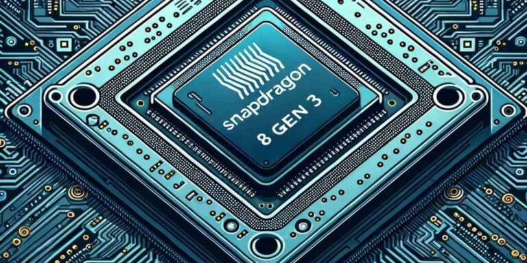 Procesor Snapdragon 8 Gen 3 umieszczony na płytce drukowanej z widocznymi obwodami i połączeniami elektronicznymi.